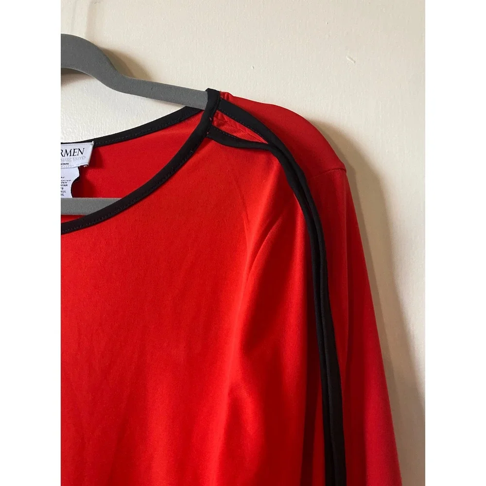 Carmen Marc Valvo‎ Red Top Women's Medium 3/4 Sleeve Black Trim - Picture 4 of 8